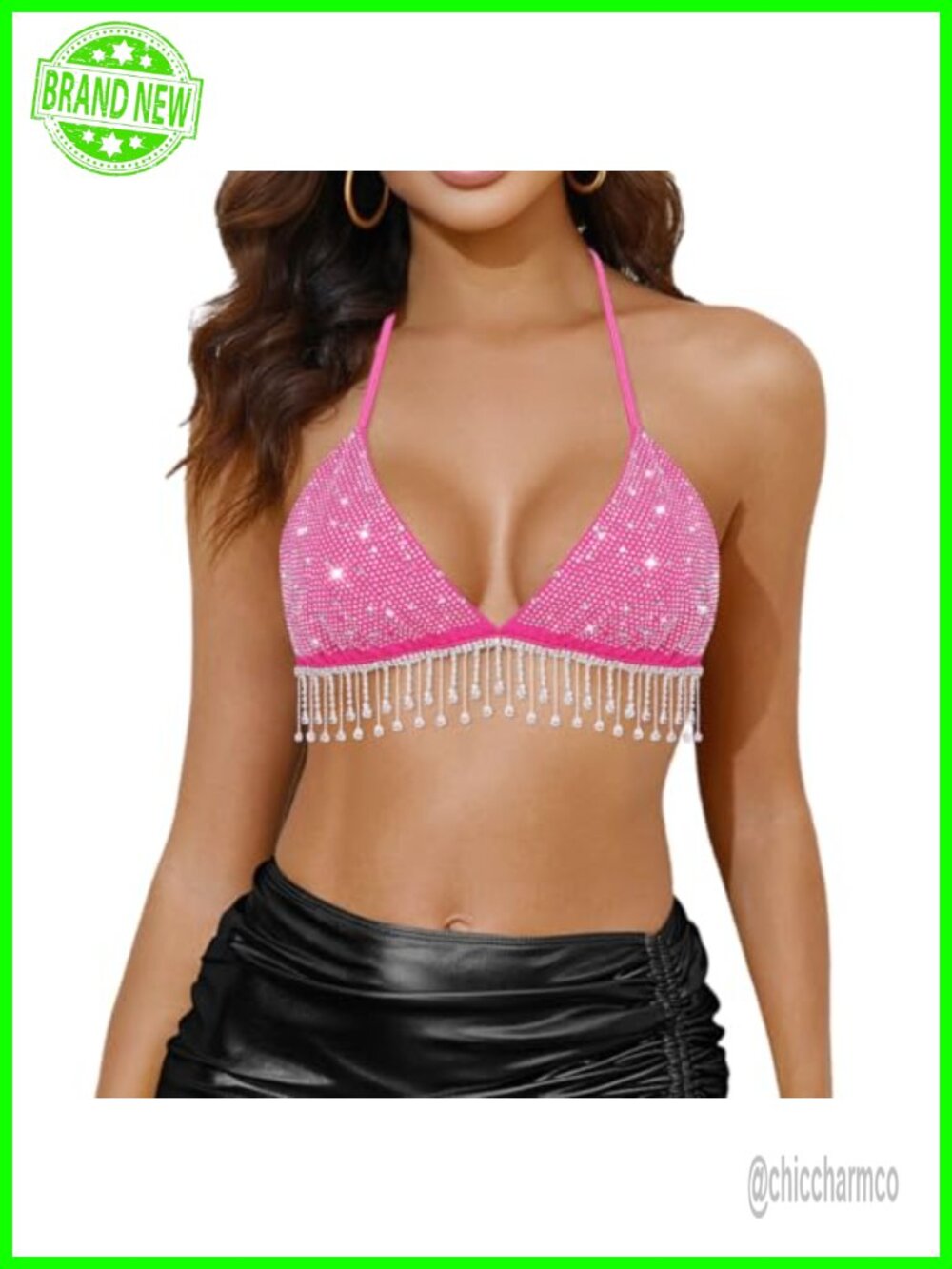 Women's Sparkly Rhinestone Fringe Crop Top Halter V Neck Tassel Clubwear